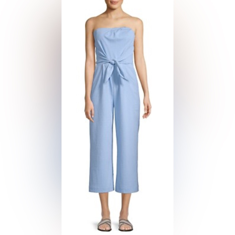 Women's baby blue seersucker jumpsuit.